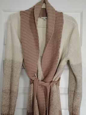 Fashion Bug Cream and Taupe Belted Shawl Collar Cardigan